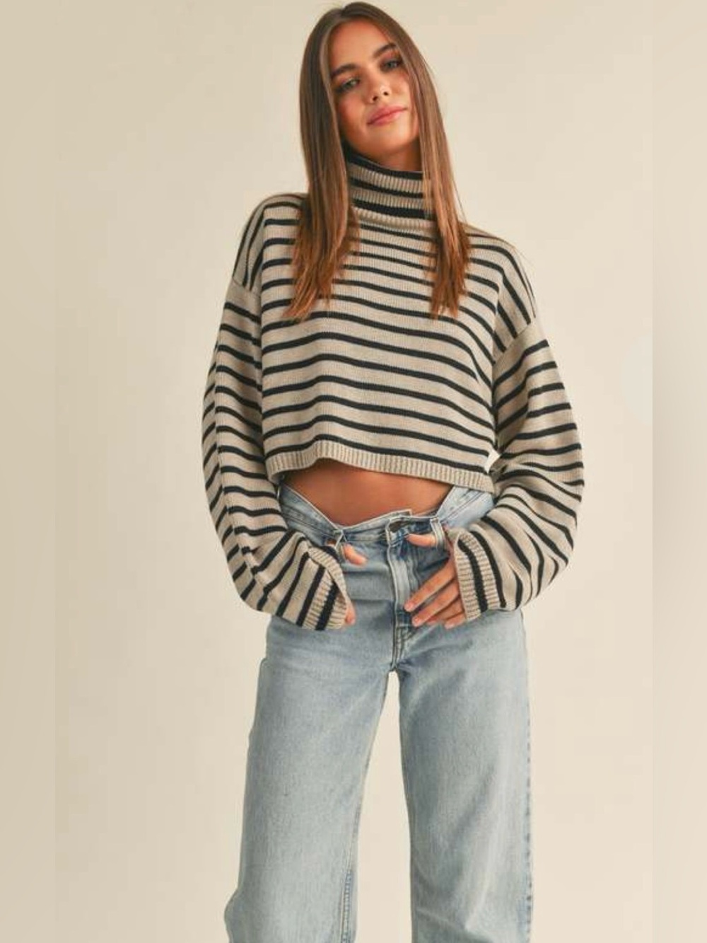 NWT Miou Muse Lula Striped Turtleneck Sweater Top Mocha/Black Size Medium